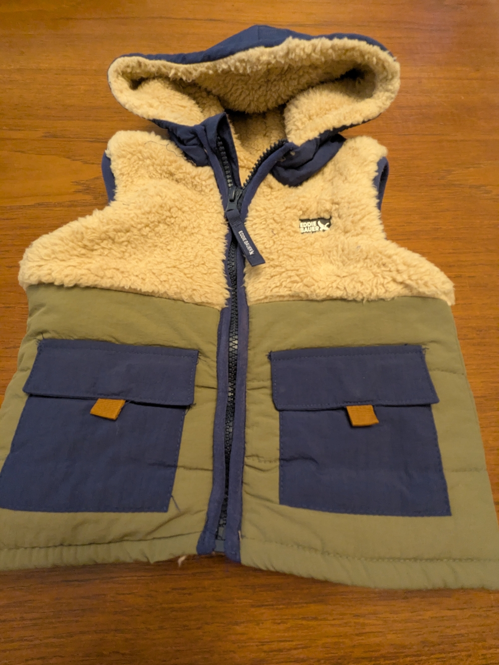 Eddie Bauer Navy and Olive Sherpa Hooded Vest for Kids